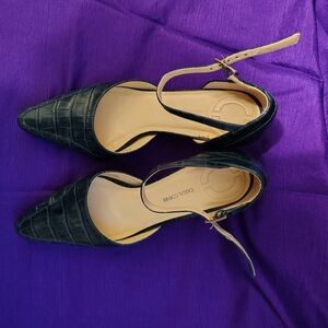 Dark Turquoise Croc-Embossed Kitten Heels